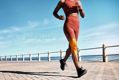 Buy stock photo Fitness, legs and black woman running by the sea marathon training, exercise and workout outdoor. Runner, beach road and summer cardio of a athlete in Cape Town with energy and freedom in nature