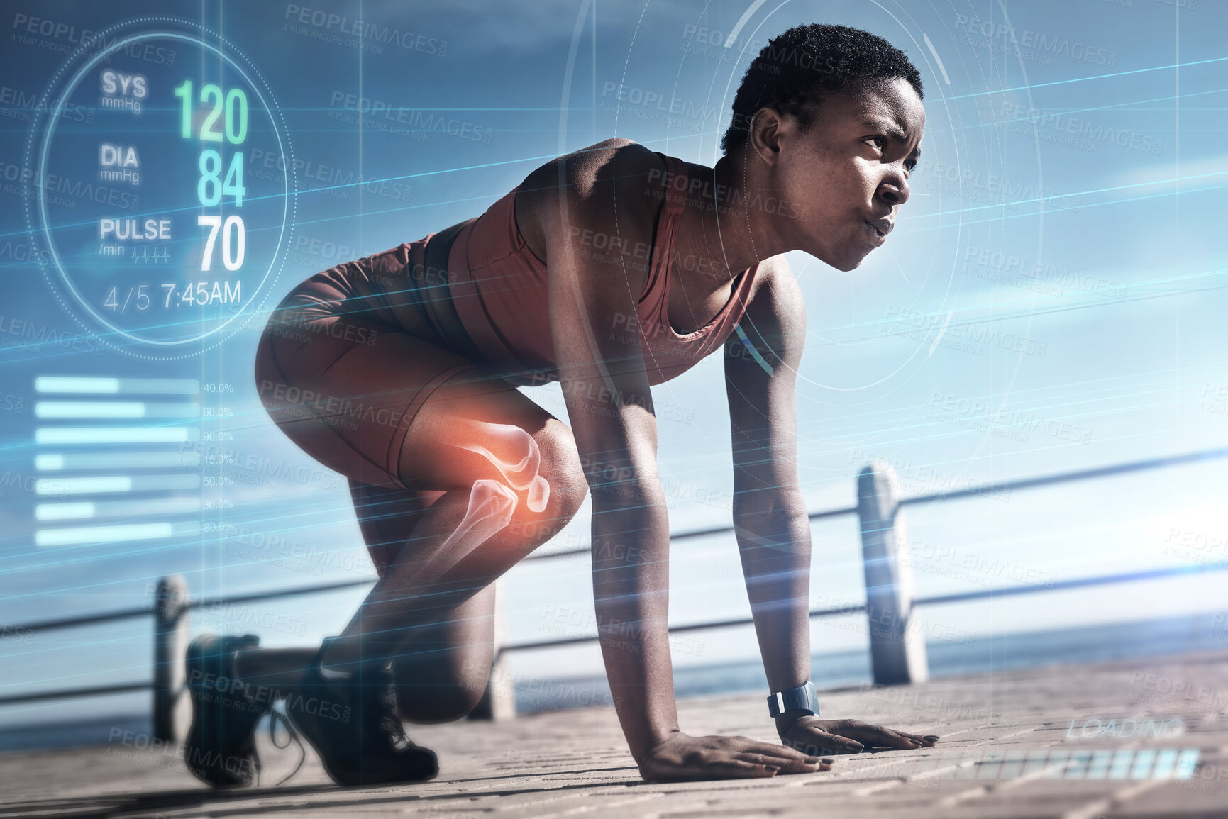 Buy stock photo Start, runner or black woman training for fitness, cardio exercise or running workout in summer with overlay. Hologram, pulse or healthy girl sports athlete with focus, resilience or strong mindset