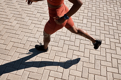 Buy stock photo Black woman running for fitness, exercise workout or training for marathon in summer in Nigeria. Legs, girl or fast African sports athlete runner exercising for healthy body wellness with motivation