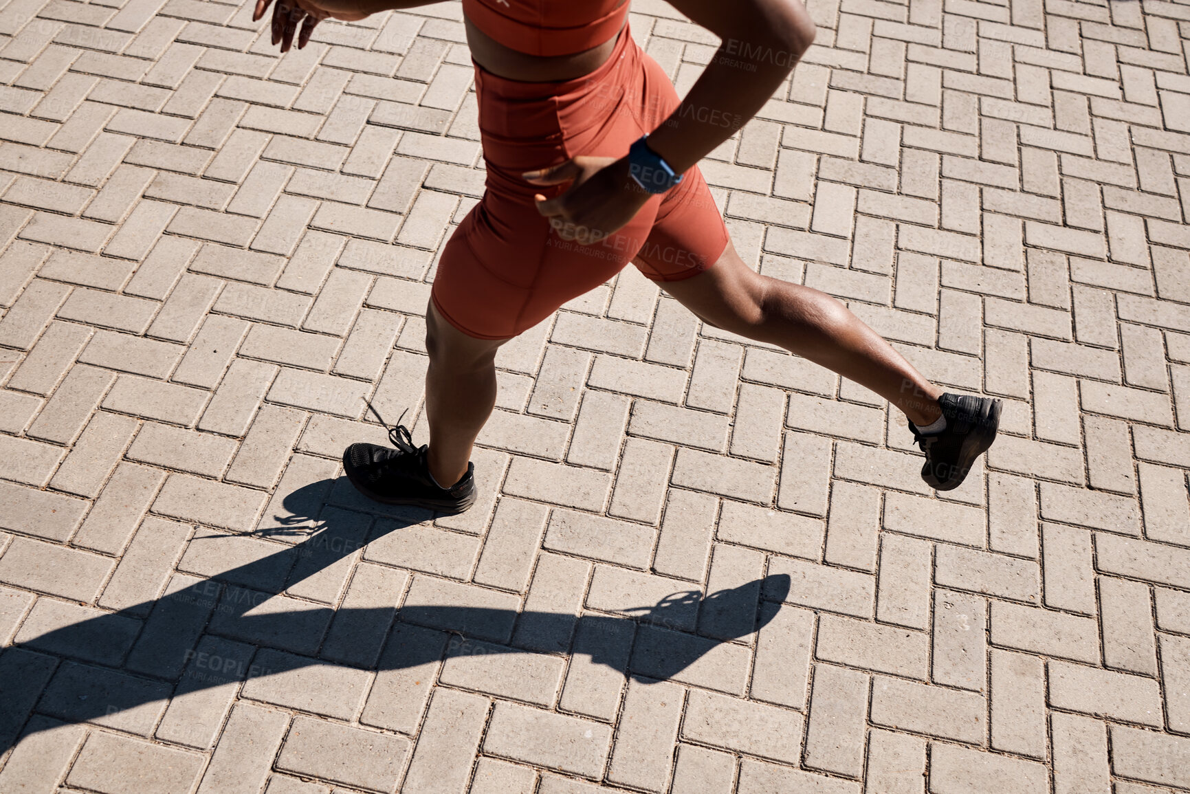 Buy stock photo Black woman running for fitness, exercise workout or training for marathon in summer in Nigeria. Legs, girl or fast African sports athlete runner exercising for healthy body wellness with motivation