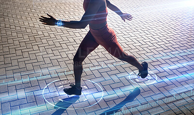 Buy stock photo Woman, running or futuristic fitness tracking with smart watch technology for speed, body biometrics or city healthcare wellness. Runner, sports athlete or future time clock for 3d marathon software