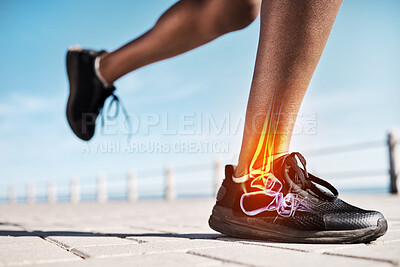Buy stock photo Running shoes, legs or skeleton bone glow in workout, training or exercise with anatomy pain, body stress or joint burnout. Zoom, runner or sports woman with ankle injury and 3d futuristic abstract