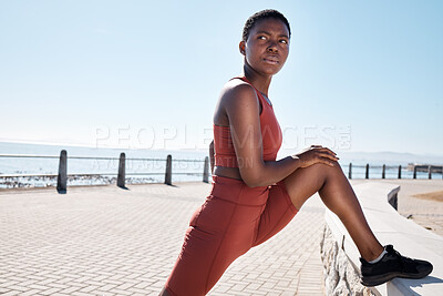 Buy stock photo Stretching, legs and black woman on the promenade for fitness start, cardio motivation and exercise in Costa Rica. Warm up, sport and African runner training for sports competition and workout