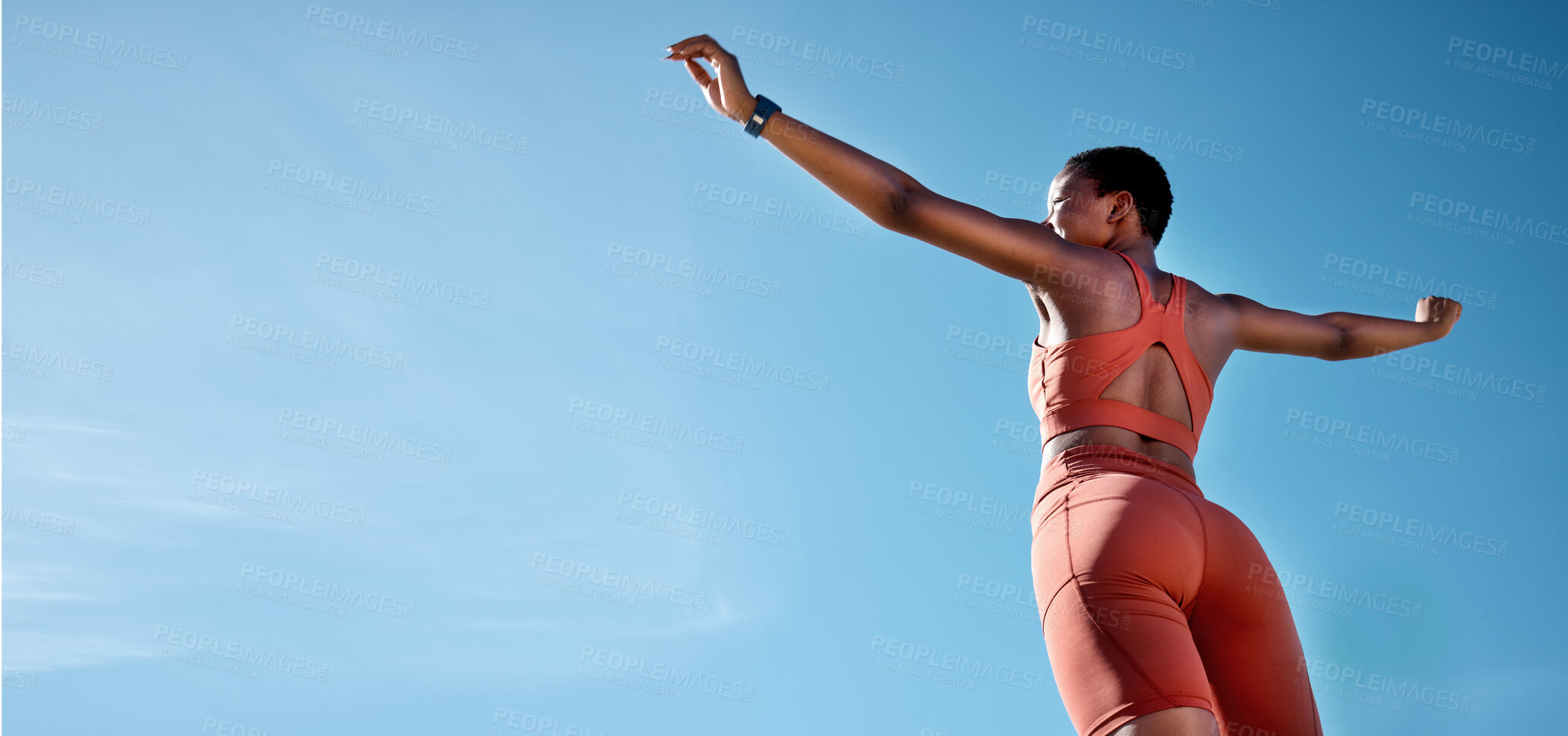 Buy stock photo Woman, arms up or fitness success on blue sky background in workout, training or exercise goals for healthcare or cardiovascular wellness. Low angle runner, sports athlete or hands raised with mockup