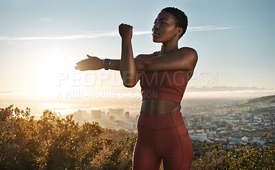 Buy stock photo Fitness, hiking and black woman on mountain stretching, meditation and training in nature for healthy lifestyle. Health, wellness and workout for woman on cliff, yoga on hill for hike in mountains.