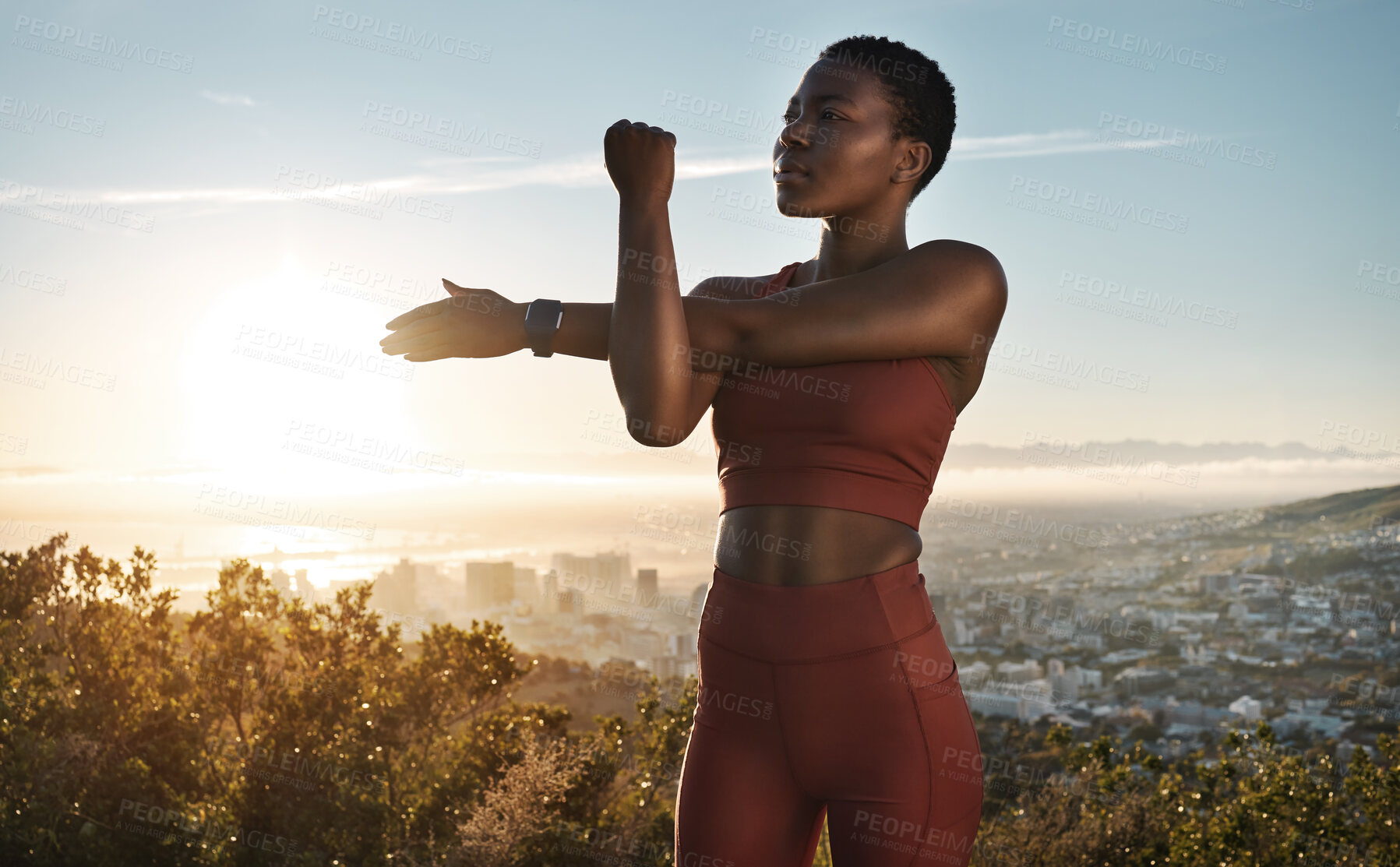 Buy stock photo Fitness, hiking and black woman on mountain stretching, meditation and training in nature for healthy lifestyle. Health, wellness and workout for woman on cliff, yoga on hill for hike in mountains.