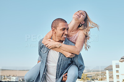 Buy stock photo Couple, interracial and love with travel and happy together, relationship with fun, piggyback ride and adventure outdoor. Black man, woman on summer holiday in Los Angeles, commitment and freedom.