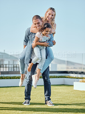 Buy stock photo Family, happy and playful together outdoor for love, support and quality time in nature park on summer vacation. Father, mother and child happiness, piggyback bonding and sunshine on travel holiday