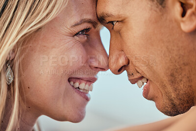 Buy stock photo Love, diversity and couple with heads together, smile and affection touching and eye contact. Romance, trust and support woman and man touch forehead, happy couple in romantic embrace on honeymoon.