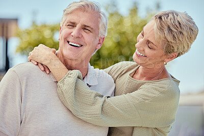 Buy stock photo Love, hug and senior couple outdoor on vacation, holiday or summer trip. Relax, romance and freedom of elderly, happy and retired man and woman hugging, embrace or cuddle and enjoying time together.