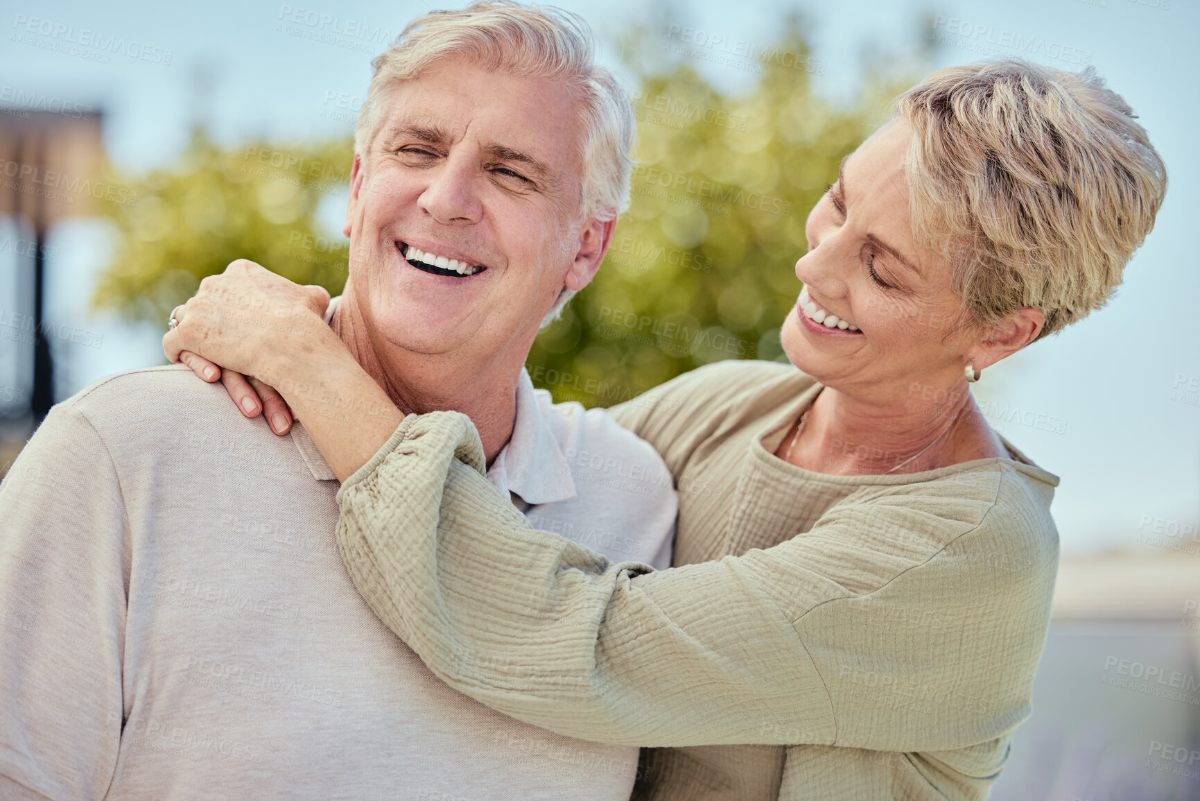 Buy stock photo Love, hug and senior couple outdoor on vacation, holiday or summer trip. Relax, romance and freedom of elderly, happy and retired man and woman hugging, embrace or cuddle and enjoying time together.