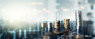 Buy stock photo Money, finance and accounting with coins in a stack on a CGI or digital overlay background for investment. Stock market, inflation or trading with a coin pile of profit in the city for economy growth