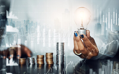 Buy stock photo Stock market, trading and savings of hands in finance planning, idea or growth in double exposure. Hand holding light bulb for stocks, investment or profit in analytics, money or marketing on overlay