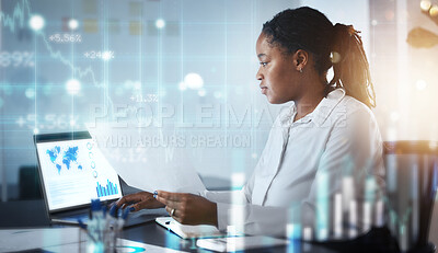 Buy stock photo Business woman, computer finance and fintech software and cloud computing for marketing strategy, networking or company growth research. Lens flare hologram overlay or stock market infographics
