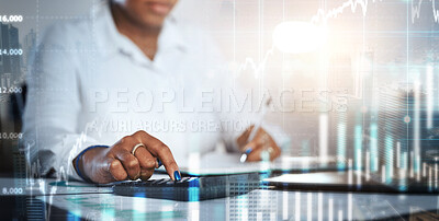 Buy stock photo Hands, calculator or futuristic finance charts in company growth planning, stock market trading or office investment management. Zoom, financial woman or 3d abstract data of worker future accounting