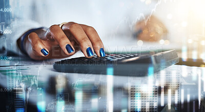 Buy stock photo Black woman, hands and calculator for stock market hologram, forex trading and business accounting. Closeup accountant, graphic overlay and finance investment, data analytics and future budget review