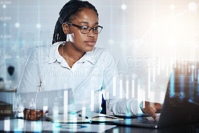 Buy stock photo Economy, woman and laptop with stock market overlay of financial forex trading, crypto finance and data. Black female trader, accountant and holographic investment, budget review and online analytics