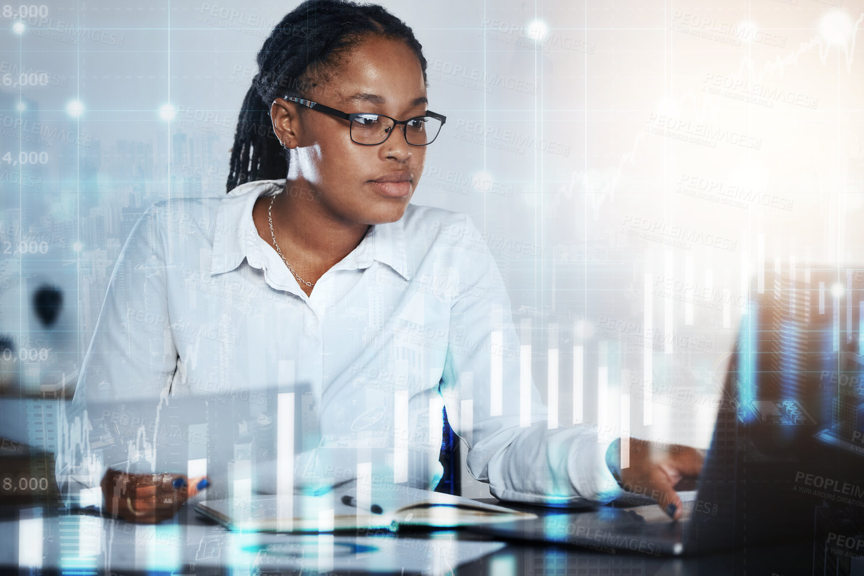 Buy stock photo Economy, woman and laptop with stock market overlay of financial forex trading, crypto finance and data. Black female trader, accountant and holographic investment, budget review and online analytics