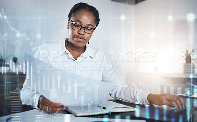 Buy stock photo Stock trading, hologram and black woman with finance documents for review, report and data analytics. Futuristic, cryptocurrency and female worker with digital graph, notebook and planning in fintech