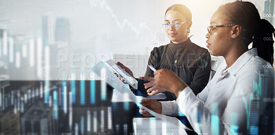 Buy stock photo Women, tablet or documents in futuristic finance management, stock market trading or investment data analysis. Financial workers, abstract 3d or chart analytics, teamwork collaboration or technology