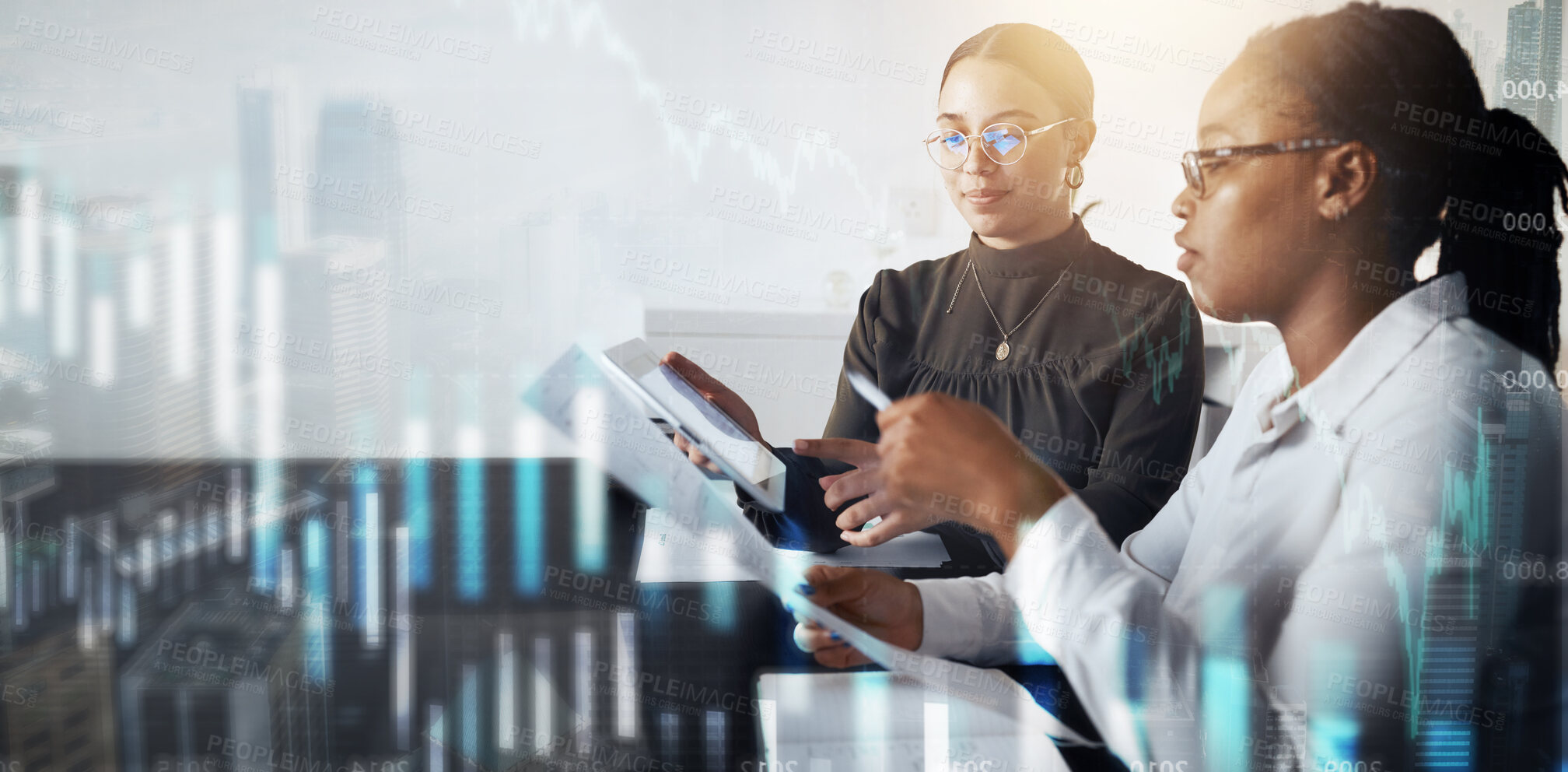 Buy stock photo Women, tablet or documents in futuristic finance management, stock market trading or investment data analysis. Financial workers, abstract 3d or chart analytics, teamwork collaboration or technology