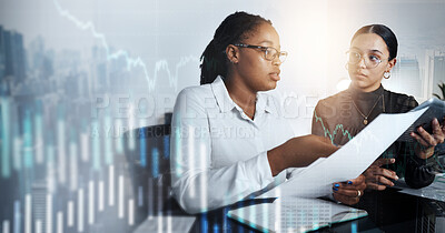 Buy stock photo Business people, finance and investment in strategy for analytics, stock market or trading with candle sticks in double exposure. Financial consultant or broker in planning or invest with overlay