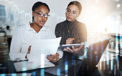 Buy stock photo Business women, tablet and stock market report, hologram and forex data analysis, growth or accounting. Female workers trading, documents and digital technology for fintech investment, erp or finance