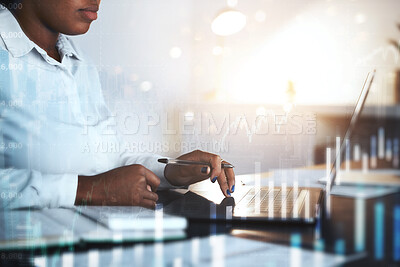 Buy stock photo Hands, laptop or futuristic finance chart in investment management, stock trading fintech or company insurance accounting. Zoom, woman or financial worker on 3d data analytics or technology forex web