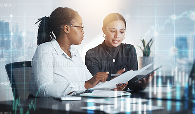 Buy stock photo Digital, documents and collaboration with a business team working together in an office for future growth. Data, finance and teamwork with a female employee and colleague talking while reading paper