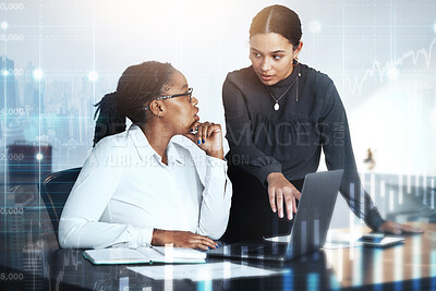 Buy stock photo Business women, laptop with investment and overlay graphs, communication and collaboration, global financial statistics and trading. Fintech, discussion and ux with futuristic finance hologram and ui
