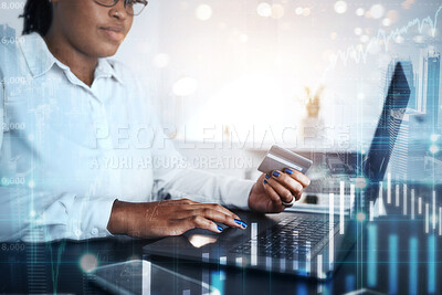 Buy stock photo Laptop, credit card or black woman trading on stock market or forex for financial investment growth with 3d hologram. Overlay, finance or female trader typing banking password data on fintech website