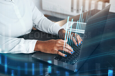 Buy stock photo Hologram, laptop or hands trading cryptocurrency on stock market for financial profit or investment growth. Overlay, chart or black woman trader working or typing on forex digital fintech website 