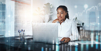 Buy stock photo Woman, laptop or futuristic finance chart in investment management, stock market trading or insurance innovation. Thinking financial worker, 3d growth abstract or technology analytics of company goal