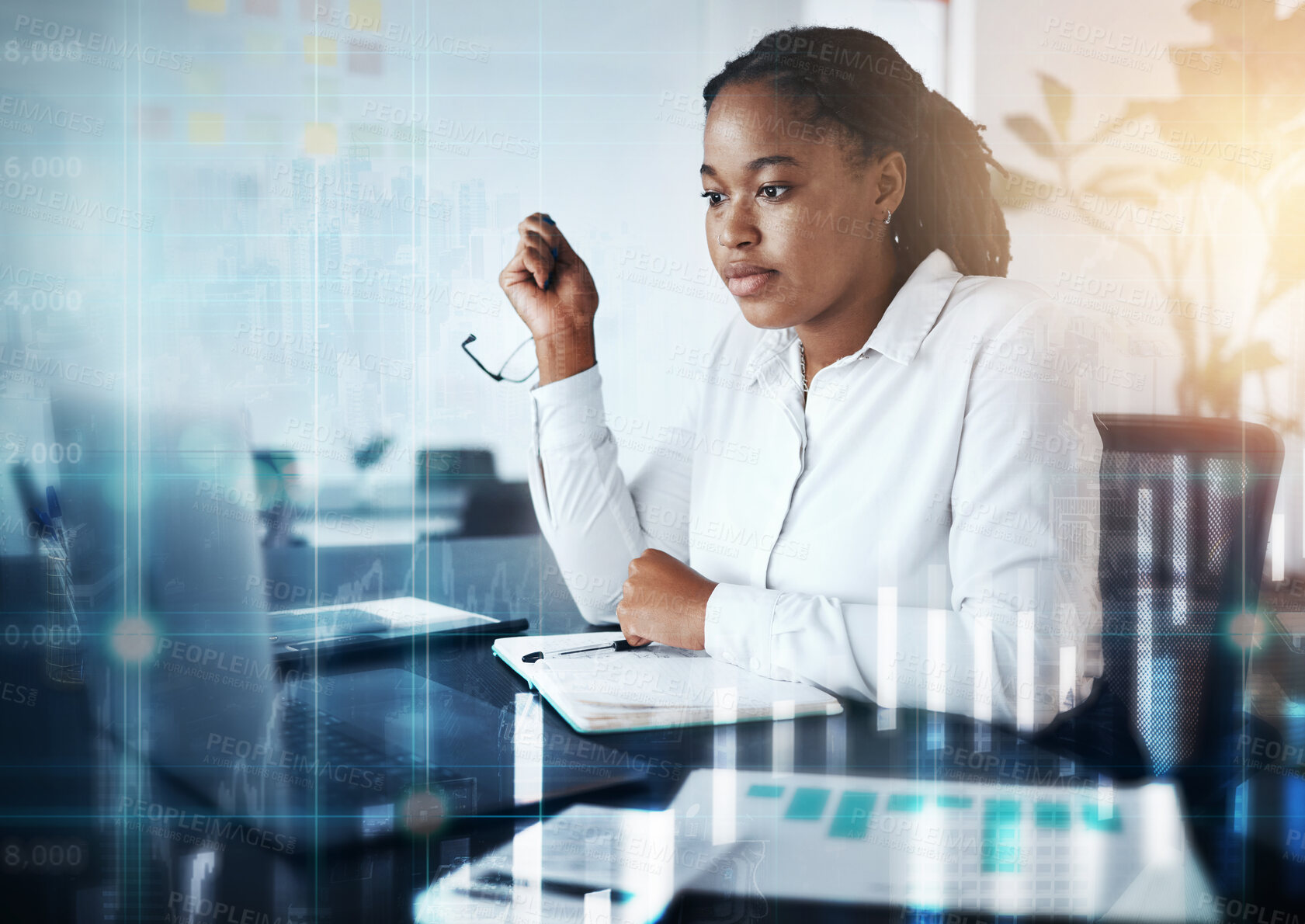 Buy stock photo Business, data and black woman in office with overlay, digital information for financial growth report. Technology, web and woman at desk with stock market documents and future online trade review.