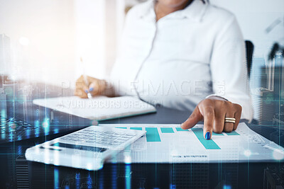 Buy stock photo Finance, accountant and accounting overlay, woman and hand with graph, calculator for calculations and paperwork. Working at desk, business budget and corporate spending with charts and commerce.