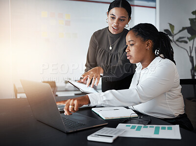 Buy stock photo Business women, laptop and web design collaboration in office for teamwork, coaching or website marketing. Training support, planning ux creative strategy and corporate woman working on computer 