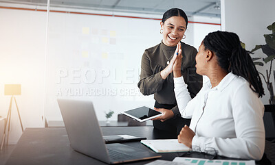 Buy stock photo Teamwork, success and business women high five for support in office. Collaboration, partnership and happy female employees or friends celebrating goals, targets or achievements in company workplace.
