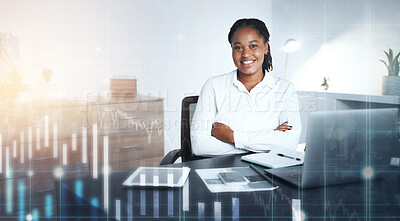 Buy stock photo Woman, arms crossed or futuristic finance chart in investment office, insurance company or stock market trading. Portrait, happy smile or financial worker on 3d abstract data, technology or documents