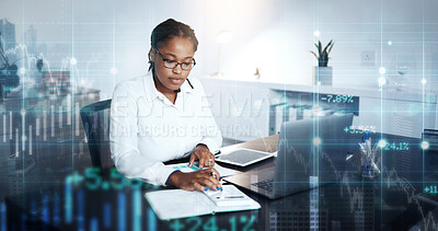 Buy stock photo Woman vision, finance overlay and stock market with notebook, planning or calculator for future profit. Crypto, fintech expert and blockchain for investment, innovation or 3d holographic for analysis