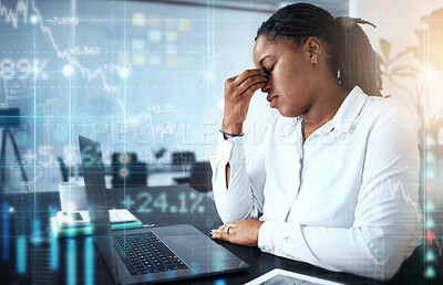 Buy stock photo Finance, stress and black woman with a financial crisis in trading, cryptocurrency or investing. Financial hologram, statistics and African lady with a laptop frustrated at the stock market crash.