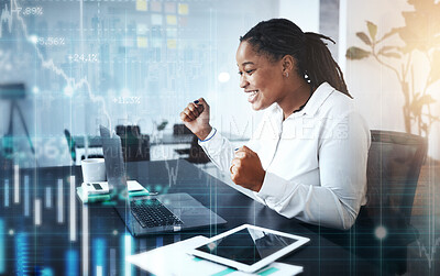 Buy stock photo Black woman, success fist or laptop in futuristic data management, stock market trading or company investment growth. 3d abstract, technology or financial chart kpi for happy smile or cheering worker
