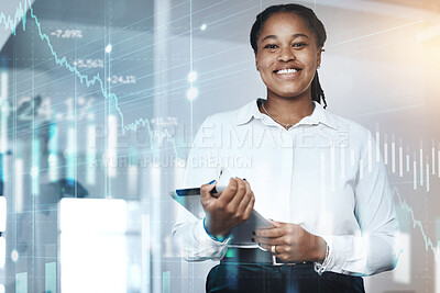 Buy stock photo Black woman, tablet and stock market trading, hologram and forex data, growth and business accounting. Portrait of happy female trader, digital technology and investment of future economy on fintech 