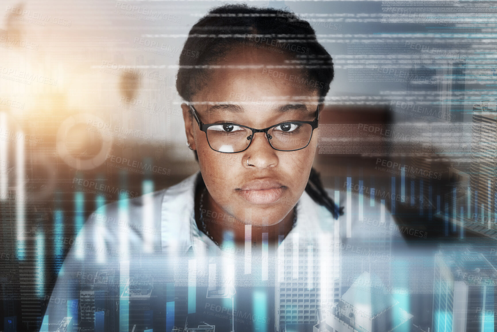 Buy stock photo Stock market, graph and black woman doing research for finance, cryptocurrency and trading investment. Stock trading, cyber network and face of entrepreneur working on screen with financial hologram