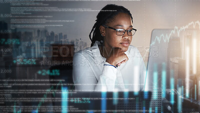 Buy stock photo Data, hologram and black woman doing research on laptop for fintech, cryptocurrency and stock trading online. Futuristic technology, cyber network and female worker with finance chart for business