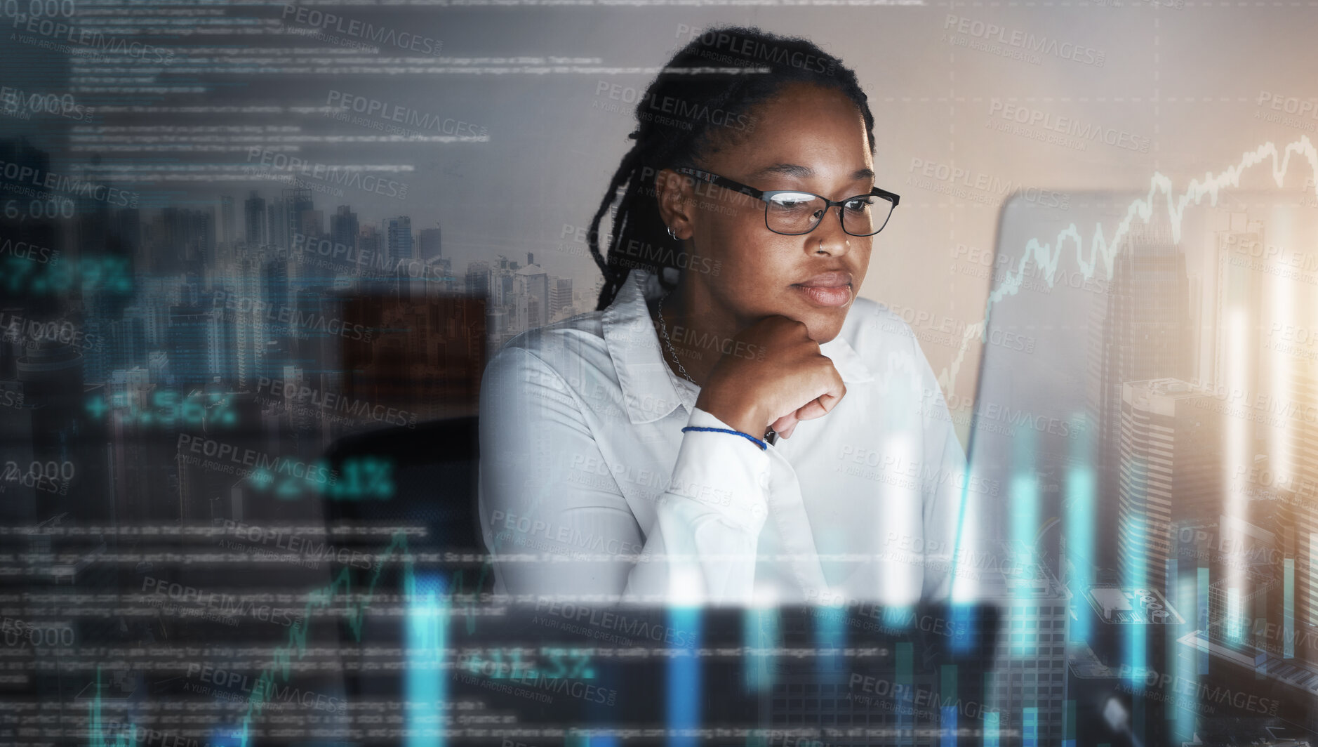 Buy stock photo Data, hologram and black woman doing research on laptop for fintech, cryptocurrency and stock trading online. Futuristic technology, cyber network and female worker with finance chart for business