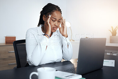 Buy stock photo Headache, stress and burnout of black woman with anxiety, pain and doubt while working on laptop audit. Tired, sick and confused business worker, poor mental health and computer glitch at office desk