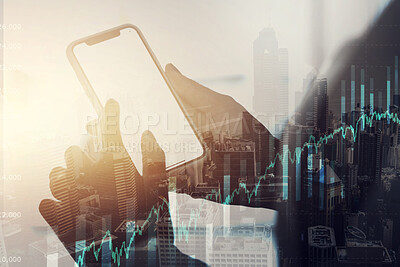 Buy stock photo Phone, finance digital overlay and hands typing, social media or messaging with mockup. Graphs, city double exposure or person with mobile smartphone for stock market, trading or financial investment