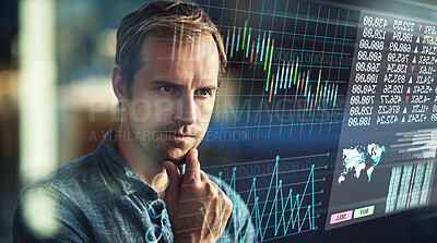 Buy stock photo Financial overlay, trading and man analyzing charts for cryptocurrency or forex data on a hologram. Focus, finance and professional male trader studying digital exchange rate graphs for investment.