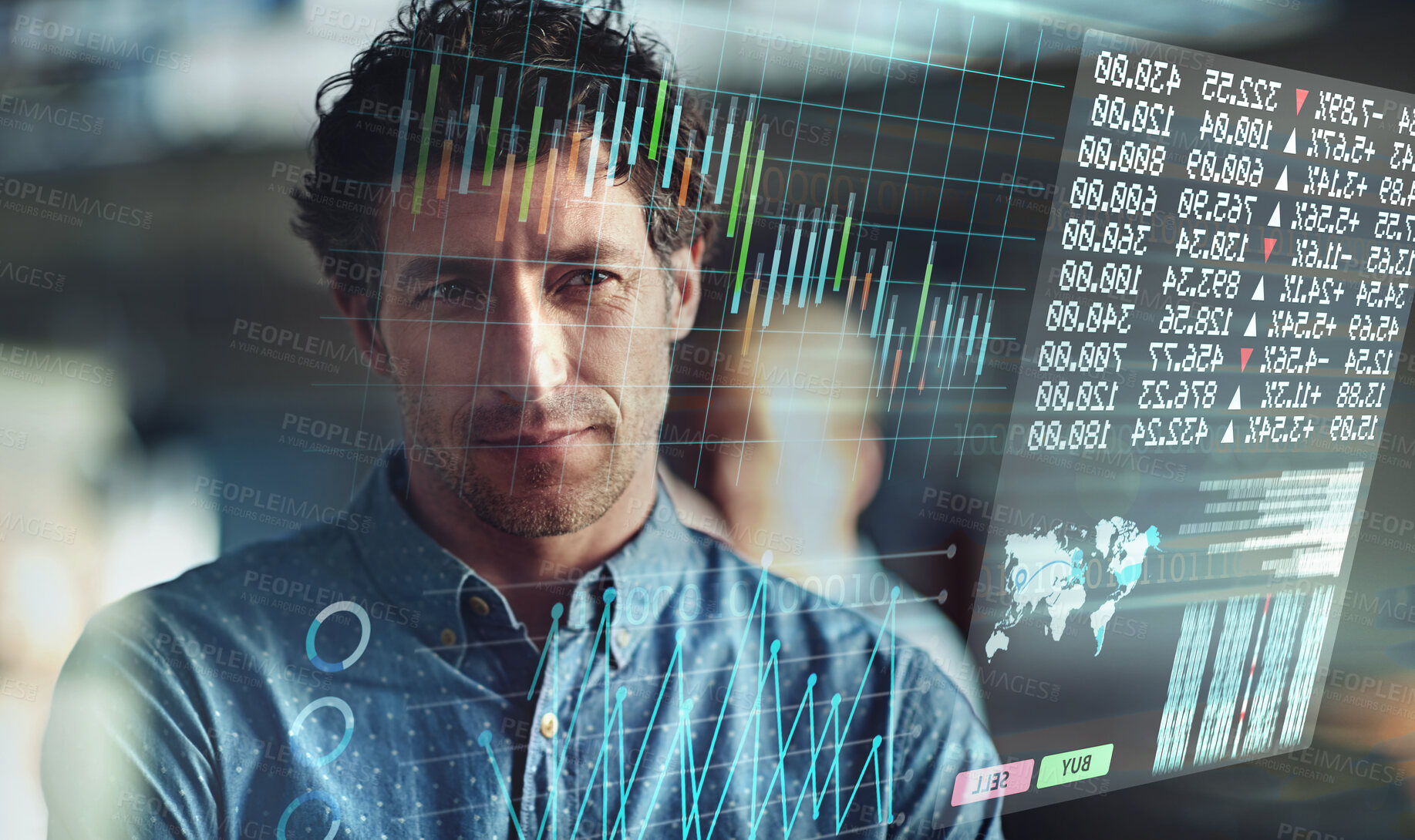 Buy stock photo Global economy, man or stock market overlay of financial forex trading, crypto finance or future data. Business trader, face and thinking of holographic investment, data analysis or digital analytics