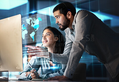 Buy stock photo Global network, technology and team with computer for stock trading, cryptocurrency and data analytics. International business, finance and collaboration of man and woman in meeting with 3d hologram